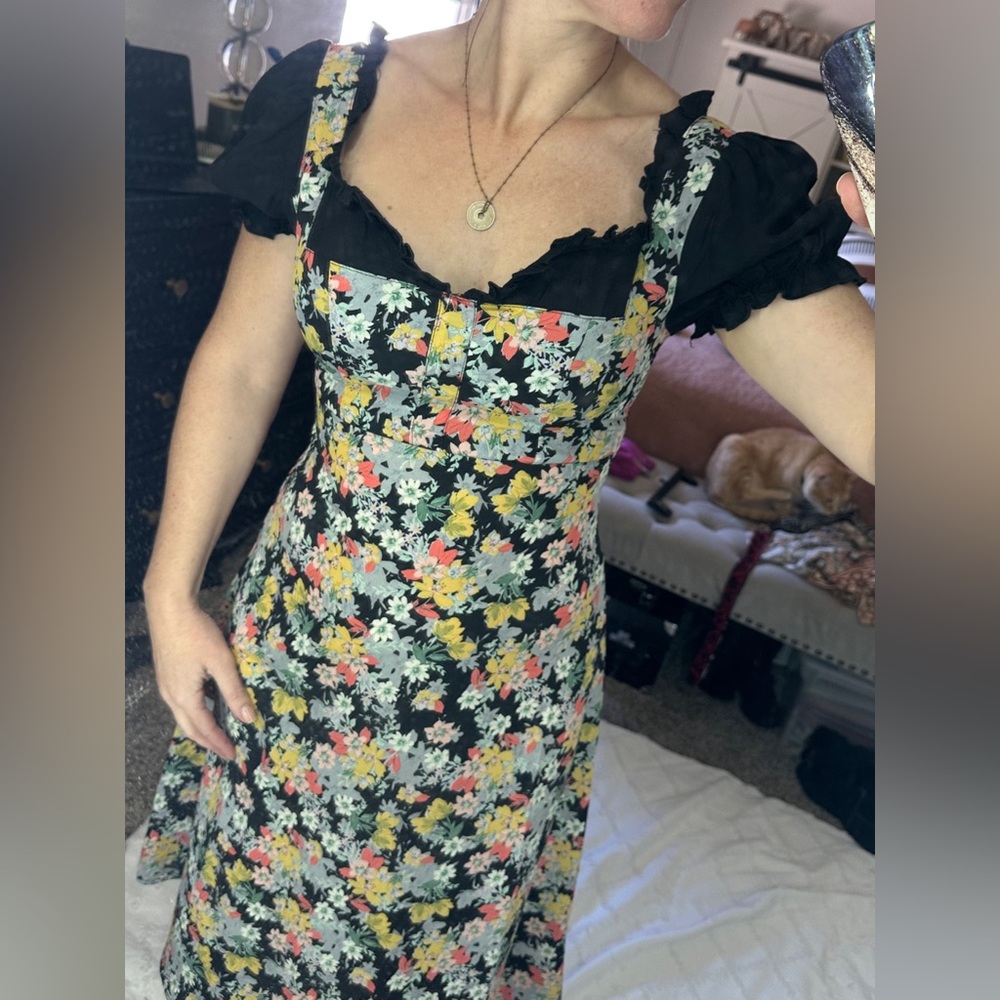 Vintage inspired, black and floral pinafore dress